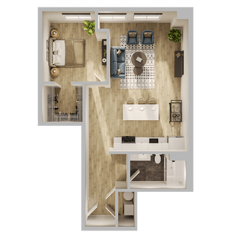 Floor plan for 1 bed, 1 bath, 733 sqft